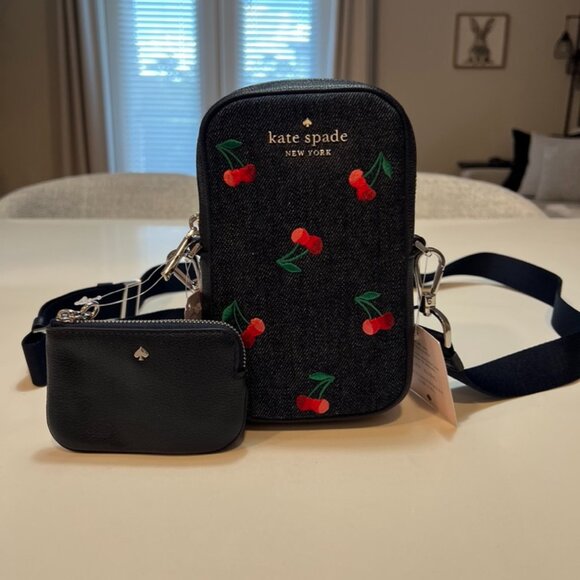 Handbags - Kate Spade Rosie Cherry Embroidered Denim Phone Crossbody